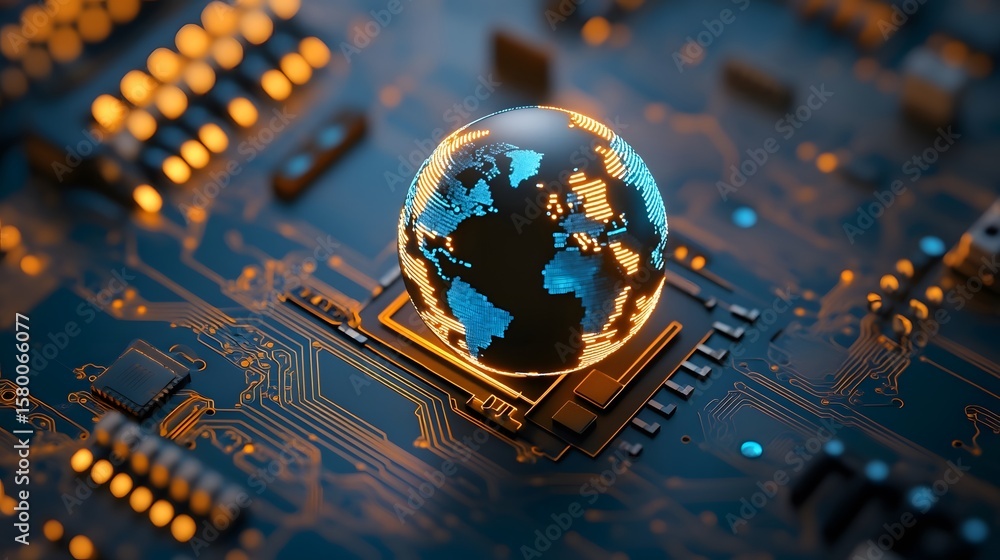 Poster globe on circuit board: symbolizing global technology integration