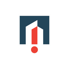 A robust logo featuring a stylized building or abstract shape in white and red, resembling an exclamation mark, within a dark blue square.