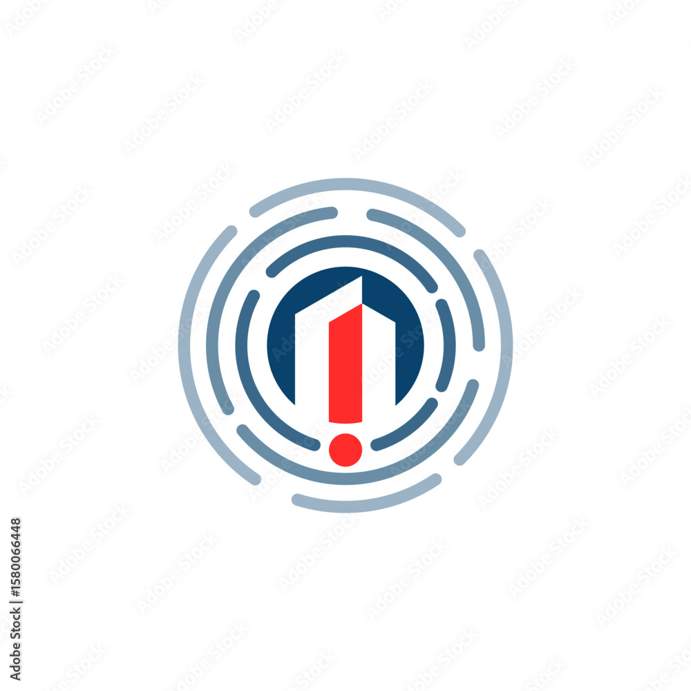 Aufkleber a dynamic logo featuring a stylized building or abstract shape in dark blue and red, resembling an e