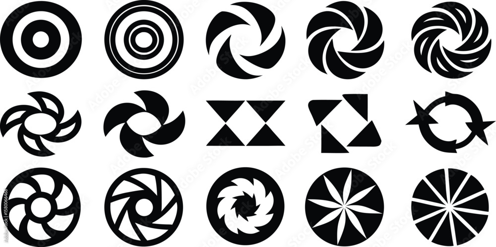 Aufkleber vector art of a collection of abstract circular and geometric shapes in black and white.