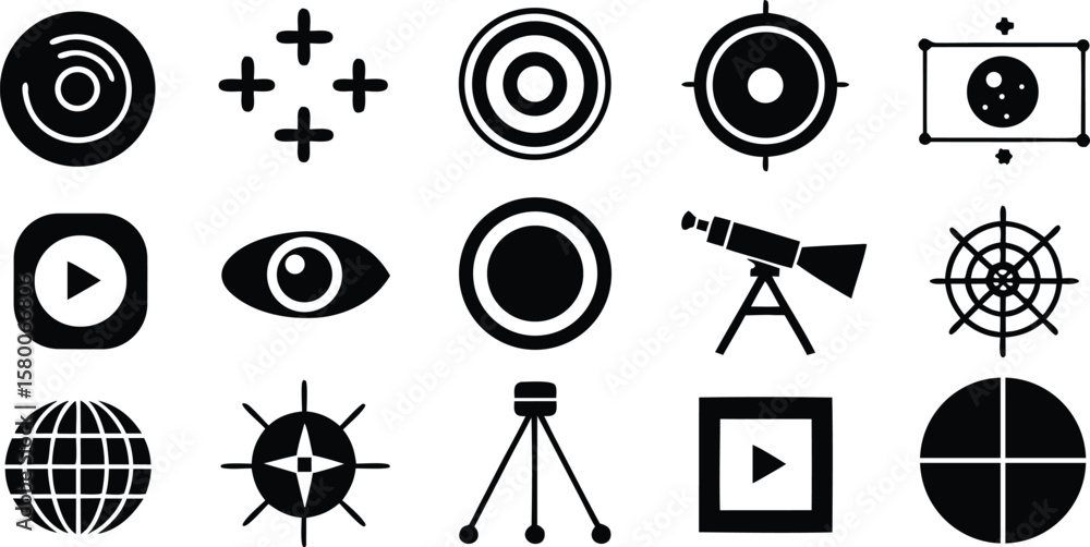 Poster vector art of a diverse collection of black and white icons representing various concepts and tools.