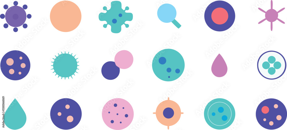 Poster vector art of a colorful collection of abstract virus and cell icons, representing science and biolo