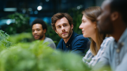 Young business team meeting, discussing project ideas, teamwork, collaboration, focus, modern office, evening