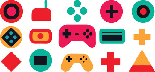Vector art of a vibrant collection of colorful gaming icons and controllers arranged on a white background.