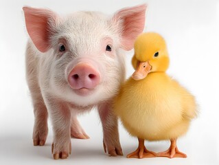A cute little piglet stands beside a fluffy yellow duckling against a plain white studio backdrop today now.
