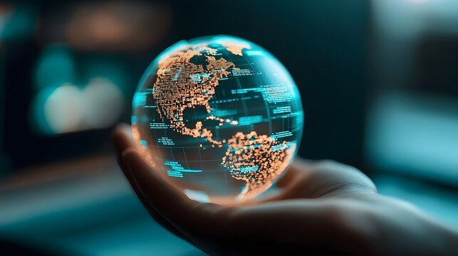 Hand holding a glowing globe with digital data overlays, symbolizing global connectivity and technology.