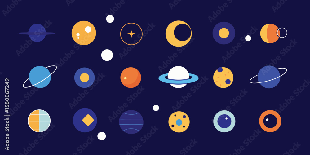 Poster vector art of a collection of colorful, stylized planets and celestial bodies floating in deep space