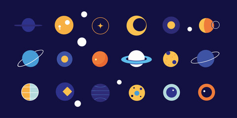 Vector art of a collection of colorful, stylized planets and celestial bodies floating in deep space.