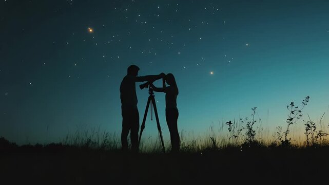 Silhouettes of two people using a telescope under a starry night sky