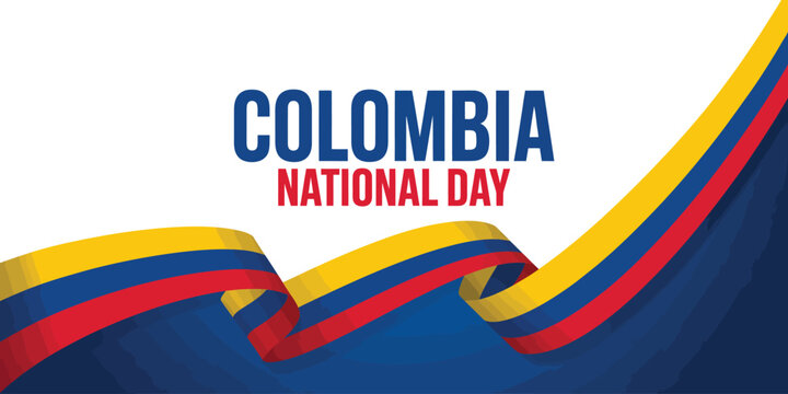colombia national day celebration banner with bold text overlay and flowing ribbon in flag colors symbolizing unity, pride, and patriotism - Powered by Adobe