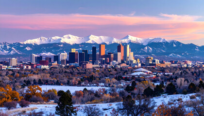 Denver City Skyline with Snowy Rocky Mountains at Sunset