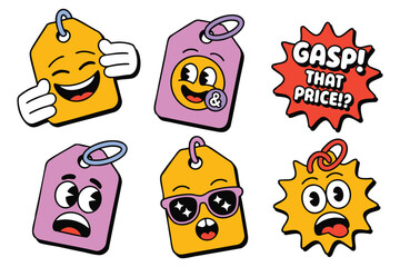 Vibrant Cartoon Price Tags: Emojis, Sales, and Discount Graphics