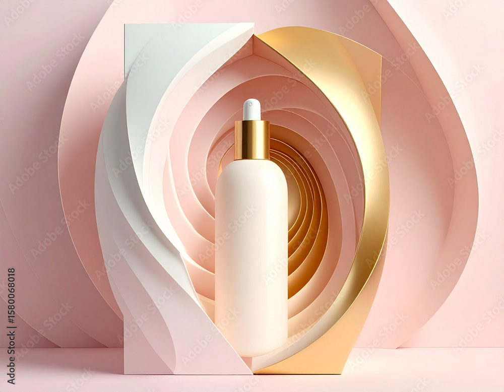 Poster exquisite 3d render of a white dropper bottle with a gold cap, elegantly framed by intertwining abst