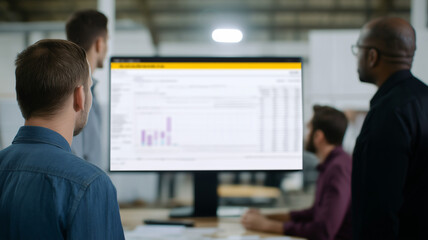 Group of logistics professionals analyzing cargo management report on computer screen in warehouse office