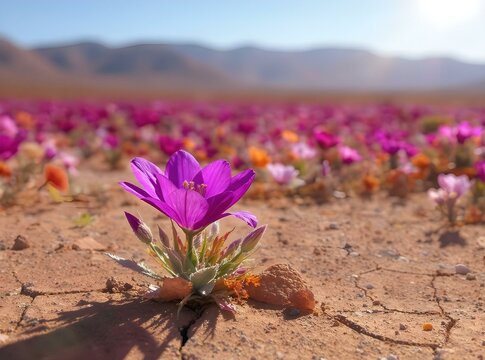 A single wildflower in focus against a desert superbloom background