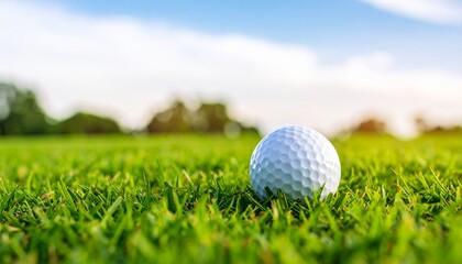 Golf ball on grass with copy space, close-up on golf course