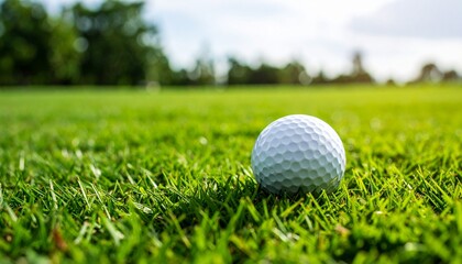 Golf ball on grass with copy space, close-up on golf course