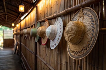 A row of traditional straw hats hanging on a bamboo wall in a serene outdoor setting