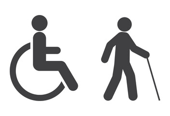 disabled person on wheelchair and blind man with cane icon set