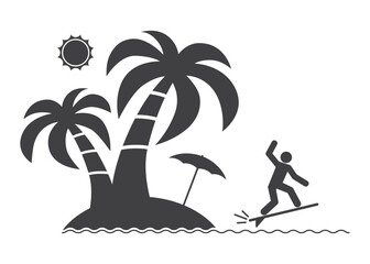 surfing on tropical palm tree island icon