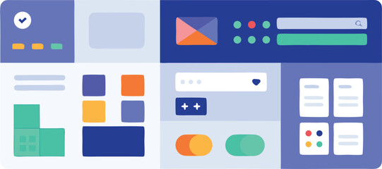 Vector art of a colorful and modern ui ux design interface with various elements and components.