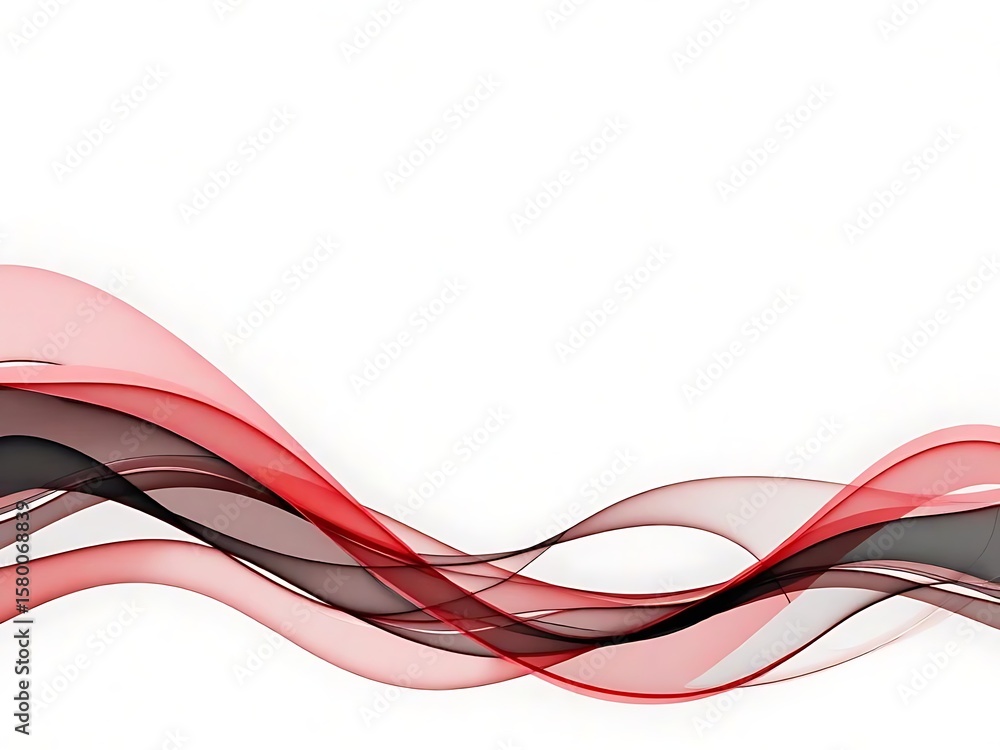 Poster fluid design features transparent red and gray waves against a clean white background creating a mod