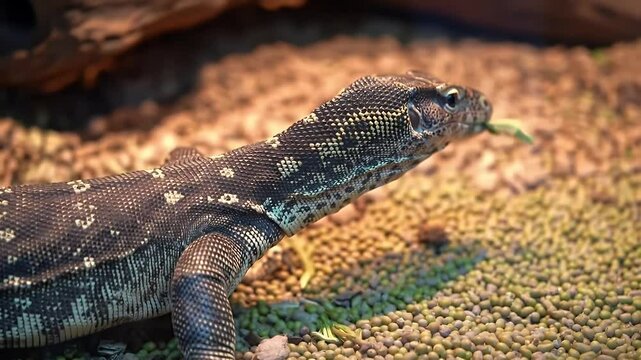 Detailed close-up of a dark monitor lizard with intricate patterns on its skin, exploring its habitat.