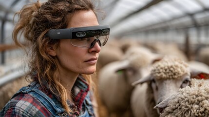 A female farmer wears augmented reality glasses while checking on her sheep inside of a greenhouse farm.