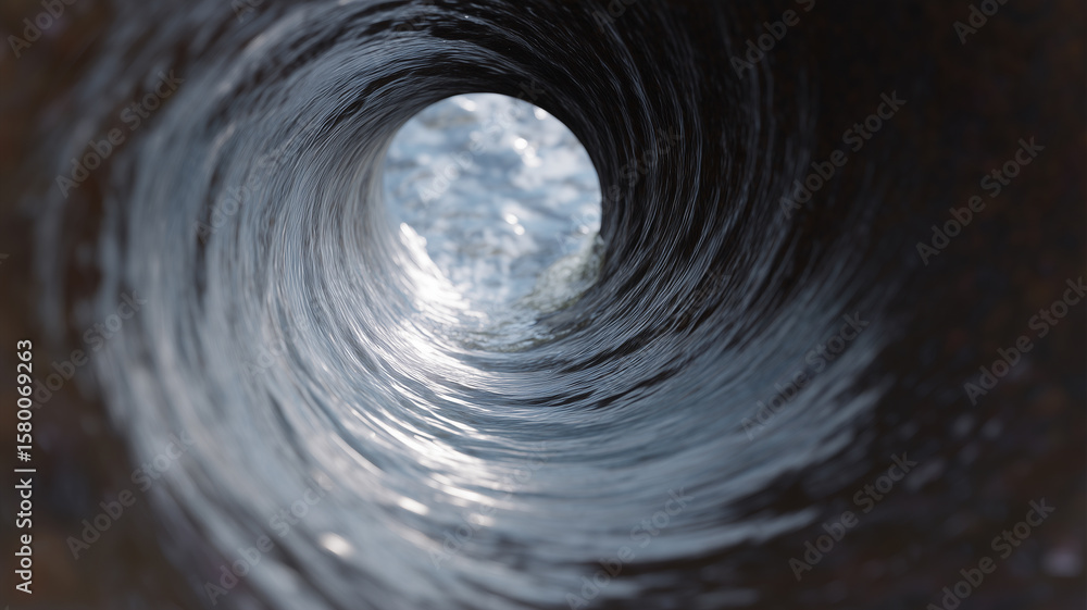 Poster water spiraling down drain with swirling motion, creating dynamic, abstract, and mesmerizing visual 