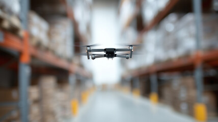 Drone flying in warehouse scanning inventory, modern technology, efficient, organized, industrial, shelves, storage