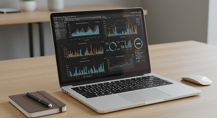 A modern laptop displays financial data, charts, and business analytics on a wood desk in a bright workspace.