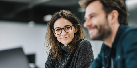 Smiling woman with glasses and man in casual office setting, teamwork and positive collaboration mood