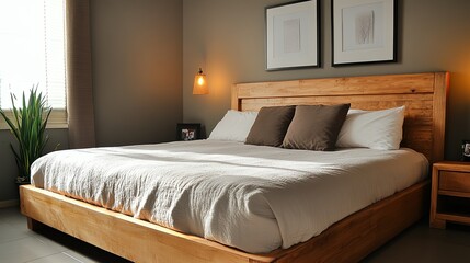 A comfortable, minimalist bedroom with a wooden bedframe and neutral bedding. .