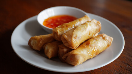 Crispy golden vegan spring rolls with sweet chili sauce on white plate, delicious Asian appetizer snack
