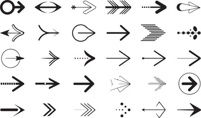 A versatile collection of black vector arrow icons for web design, pointing in various directions as clear signs and symbols