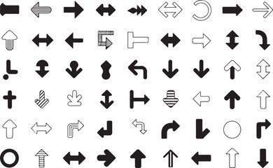 A versatile collection of flat black arrow icons for web design, indicating direction, next, play, and forward navigation