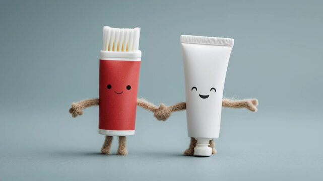 Cute cartoon-style illustration of a smiling toothbrush and toothpaste tube holding hands, showcasing friendship and teamwork in dental hygiene, set against a soft blue background for a playful atmosp