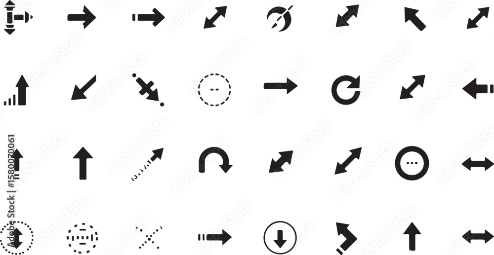 Poster black vector icons: a collection of zodiac signs, numbers, and symbols with arrows, pointers, and pl