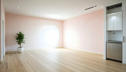 Empty Modern Room with Pink Walls and Light Wood Floor