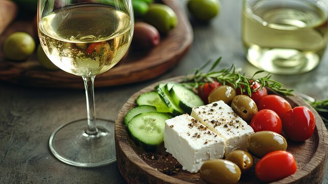 A rustic table set with Greek olives, feta cheese, tomatoes, and cucumbers, accompanied by a glass of white wine .