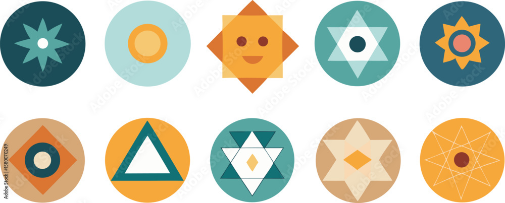 Poster vector art of a collection of ten colorful geometric circular icons with various abstract symbols an