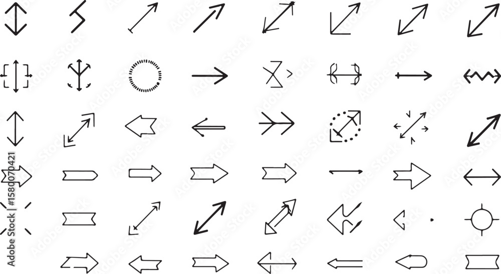 Poster hand-drawn alphabet and font vector set with arrow icons, web design elements, and direction symbols