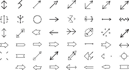Hand-drawn alphabet and font vector set with arrow icons, web design elements, and direction symbols