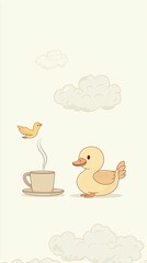Cute Duck and Little Bird with Coffee Cup