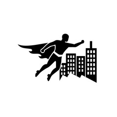 A silhouetted superhero soars above a minimalist city skyline on a mission