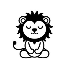 Stylized black and white cartoon lion meditating with closed eyes and fluffy mane