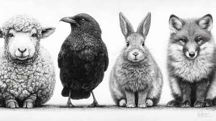 Obraz premium A beautiful detailed sketch of a lamb, raven, rabbit, and fox standing together on a white background.