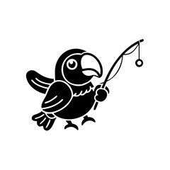 Cartoon Parrot Fishing with Fishing Rod and a Baited Hook Ring