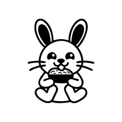Cute cartoon bunny rabbit holding a bowl full of food and smiling