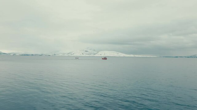 Sailing Fishing Boats Over Fjord Near Lodingen In Nordland County, Norway. Aerial Drone Shot